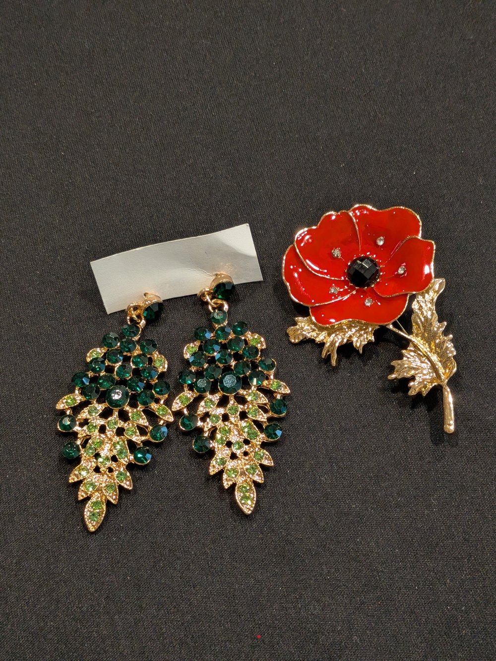 Gold-Tone Green Crystal Leaf Drop Earrings & Red Poppy Brooch Set